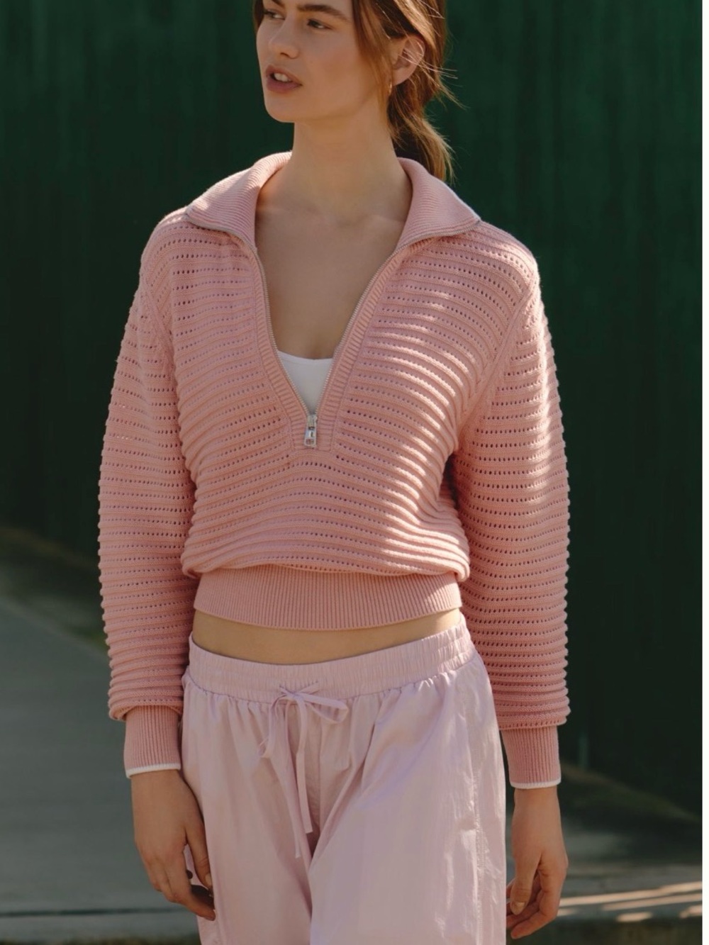 Varley Pink Cropped Half-Zip Knit Pullover